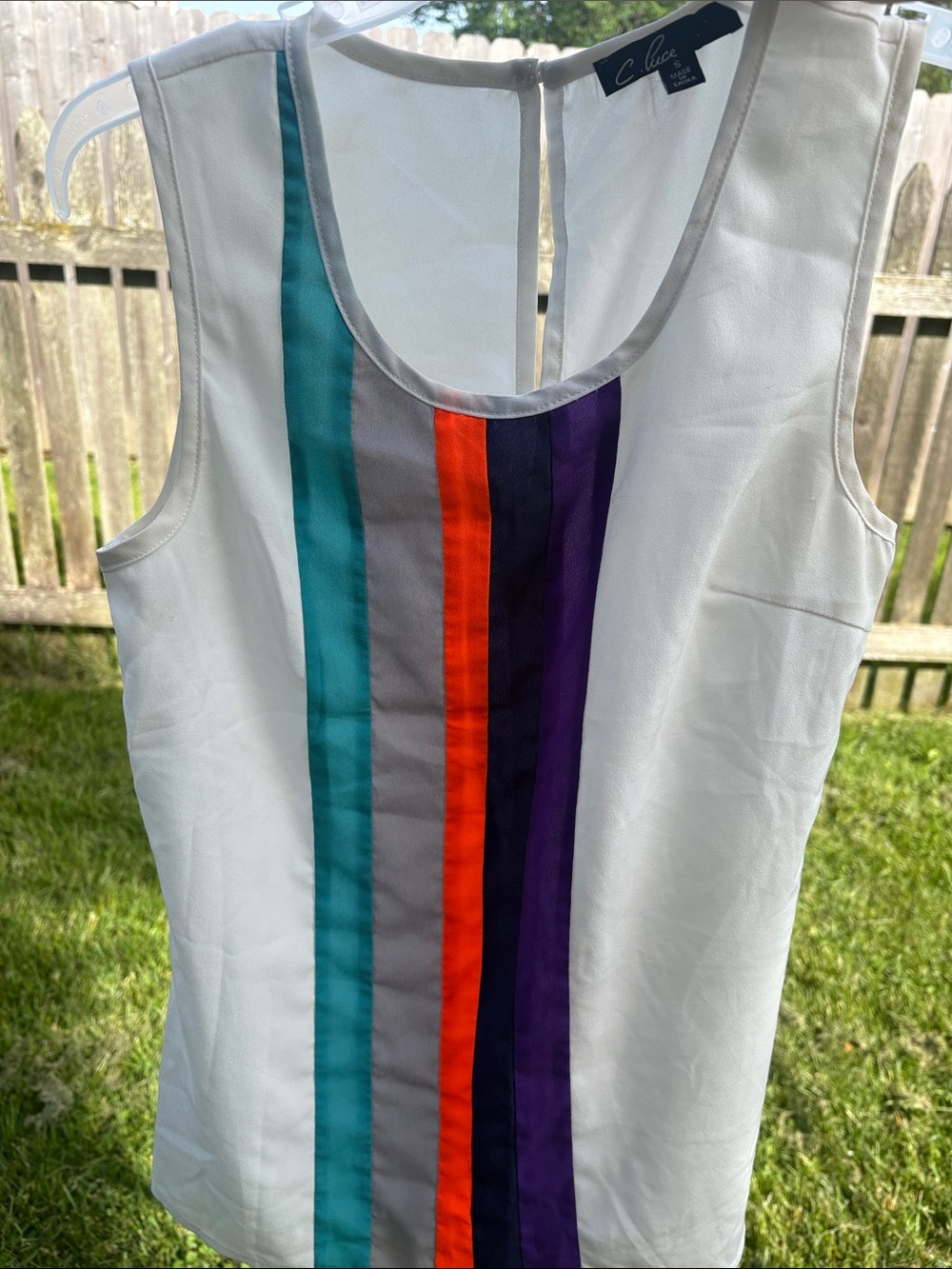 C. Luce White Tank with Teal, Gray, Orange, Navy & Purple Stripes